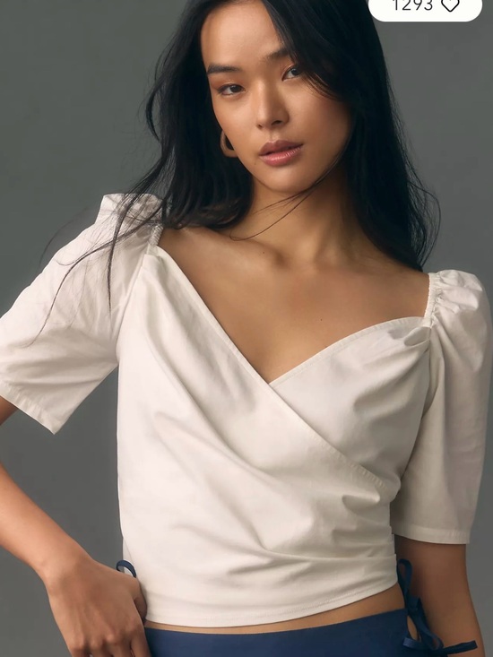 Anthropologie Tops - Anthropologie Cream Wrap Crop Top with Puff Short Sleeves